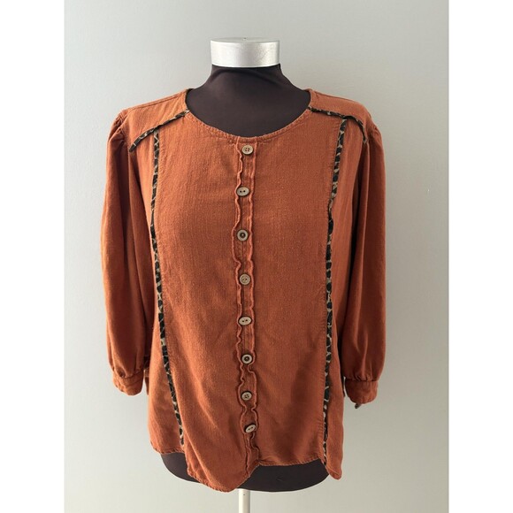John Mark Blouse Womens Medium Burnt Orange Animal Print Trim Southwestern Boho - Picture 1 of 16